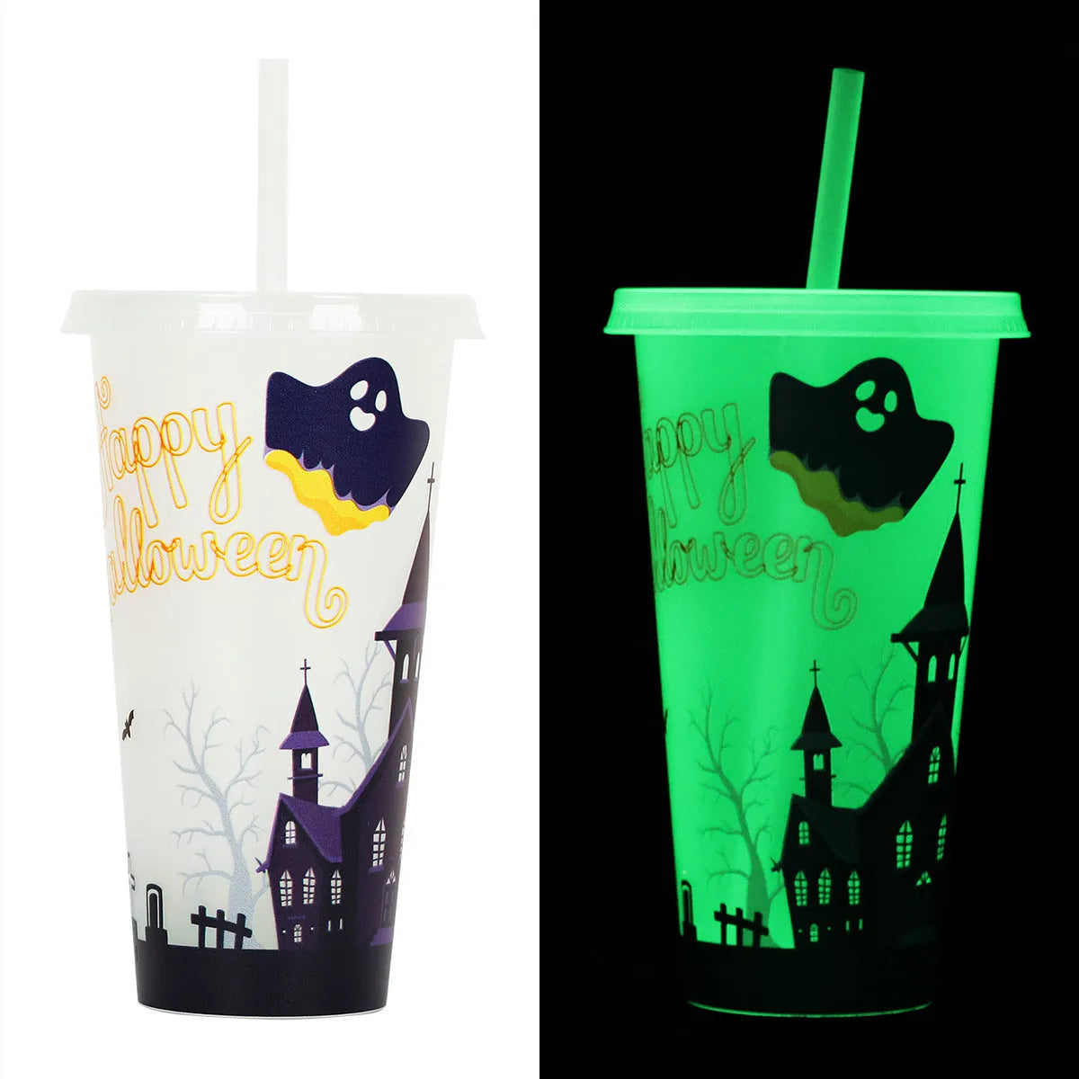 720ml Halloween plastic sippy cup with luminous straw in cylindrical design