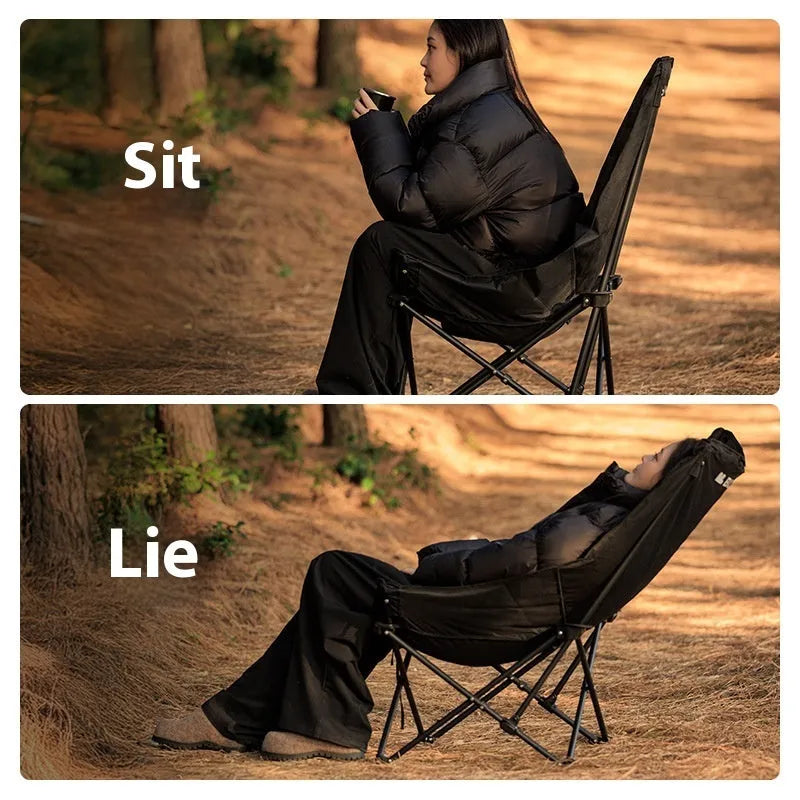 Night Black portable folding moon chair for outdoor camping and beach use.