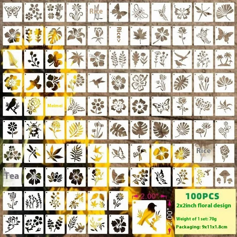 700 PET film hollow spray painting templates in seven 2-inch designs including floral, animal, ocean, and letter patterns