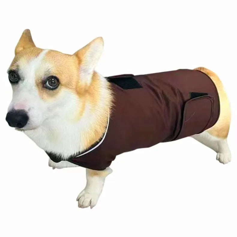 Brown brocade cotton dog anxiety tank top on a model dog, showing the casual tank top style.