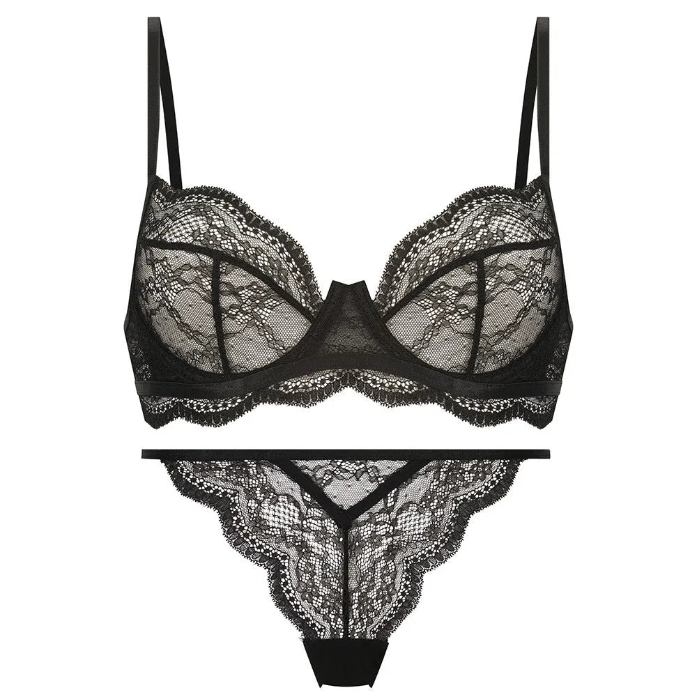 Women's French bra bikini set with fixed double shoulder straps in black, red or green colours