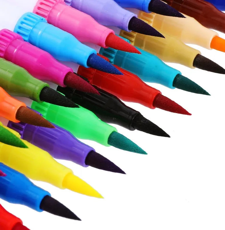 Set of watercolour pens with vibrant coloured barrels for drawing and painting.