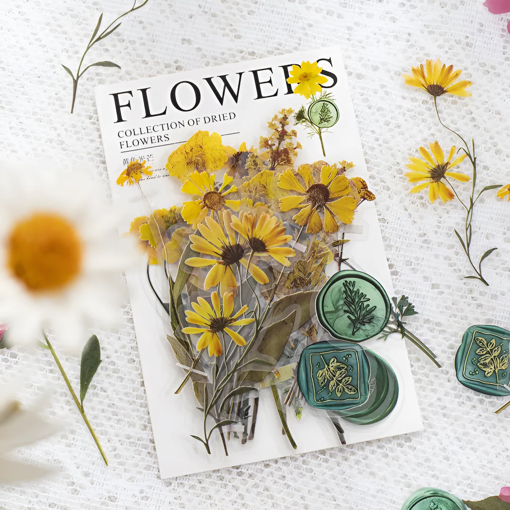 70mm square PET dried flower journal stickers showing eight colour themes including dark night purple and rose nebula