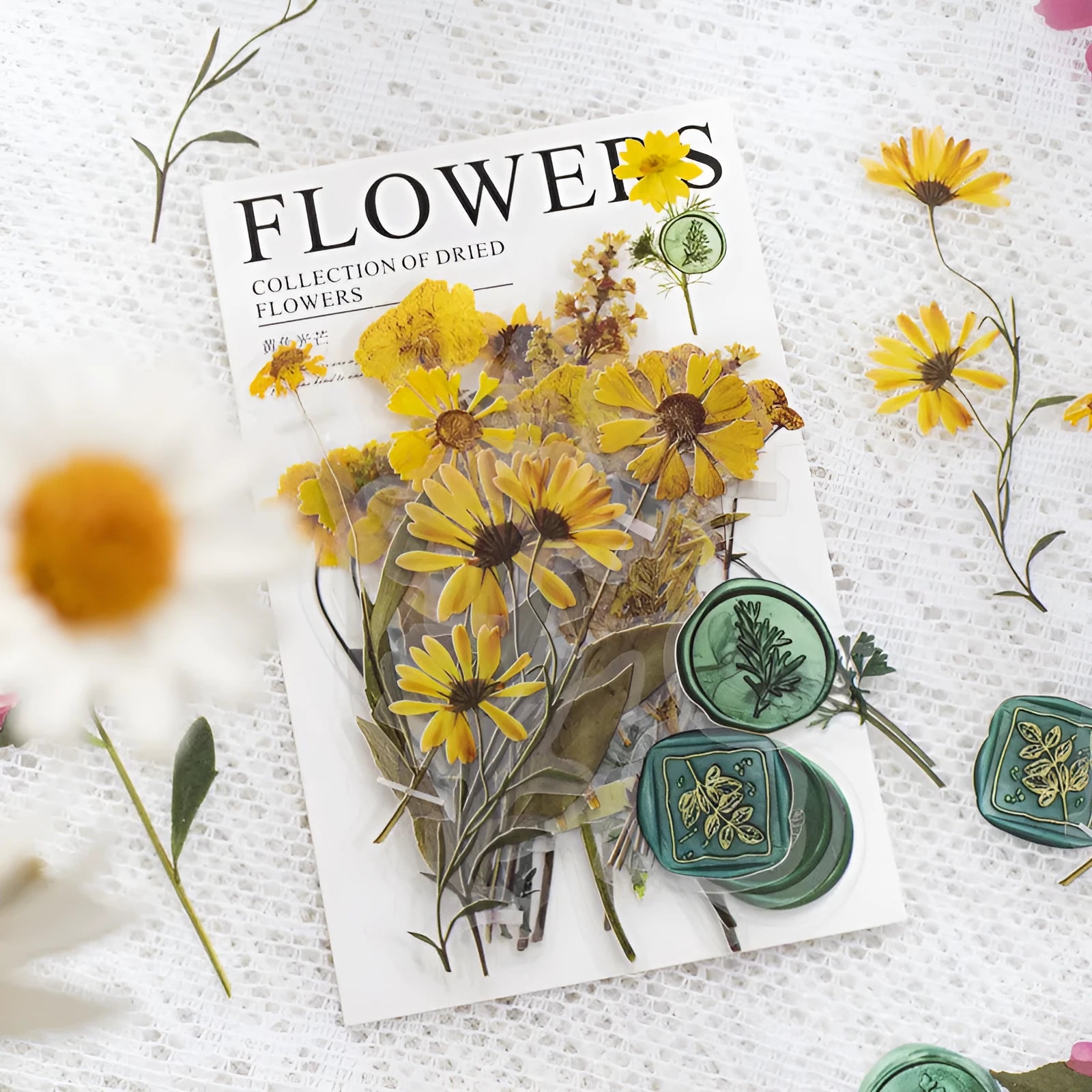 70mm square PET dried flower journal stickers showing eight colour themes including dark night purple and rose nebula