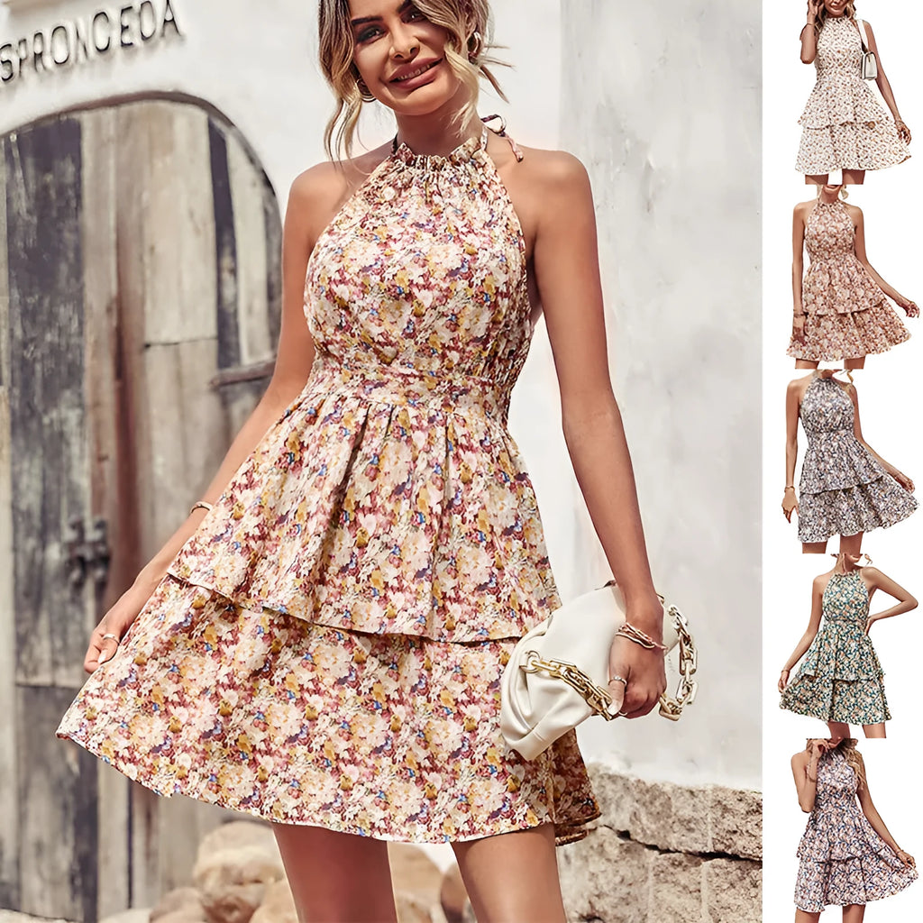 Women's summer halter dress with backless boho design and A-line ruffle detailing in printed polyester