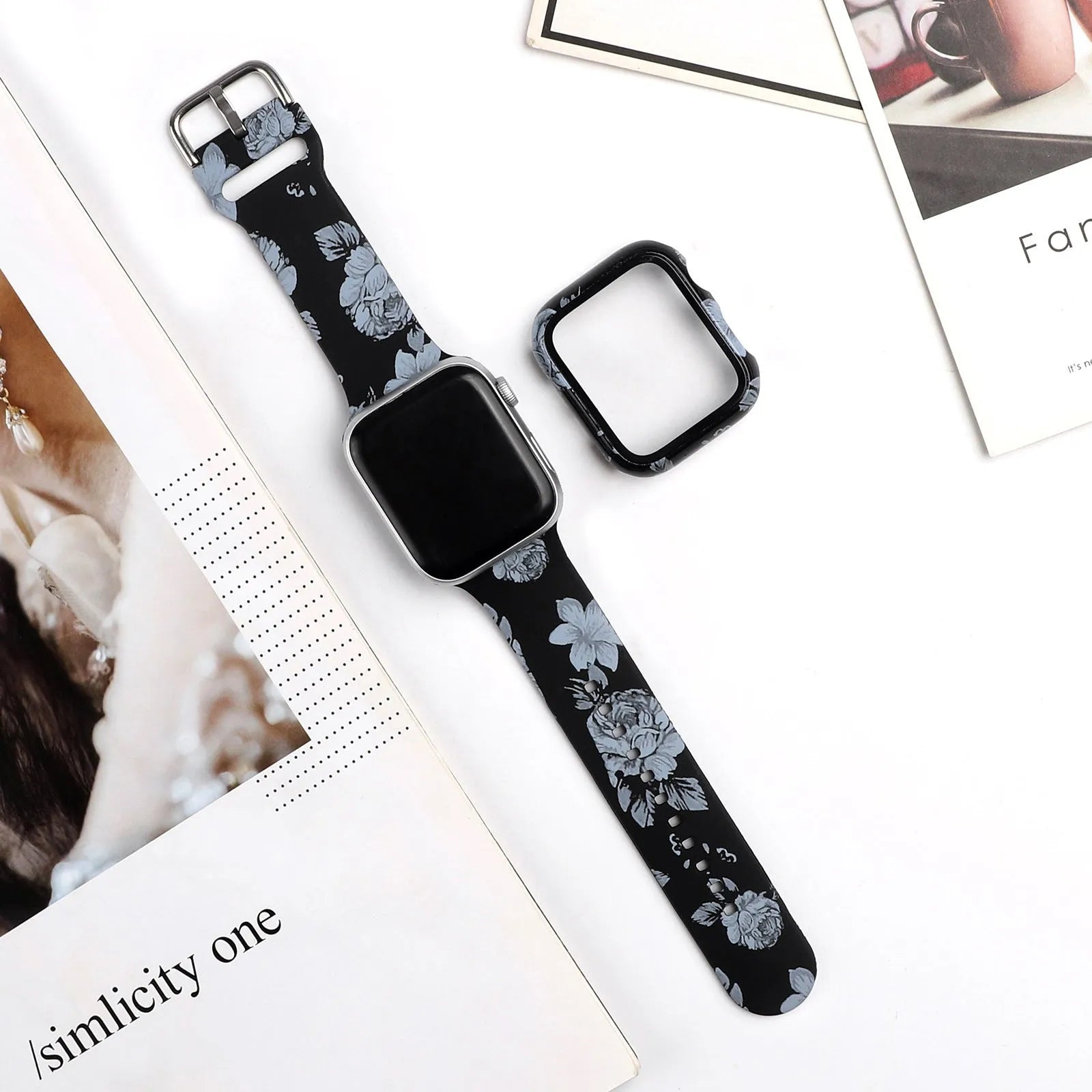 Printed silicone replacement strap for Apple Watch showing design options and 38mm 40mm 42mm 44mm size compatibility.