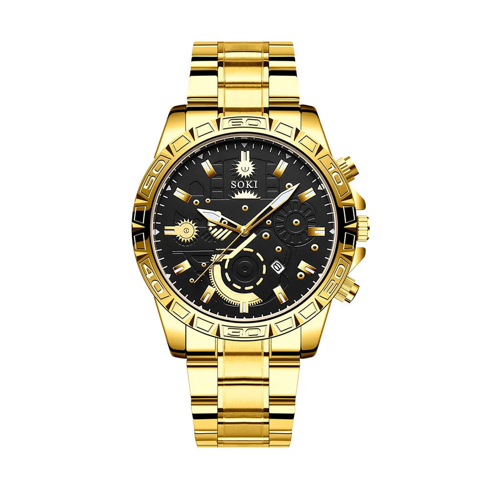 Gold men's stainless steel quartz watch with business styling and folding buckle