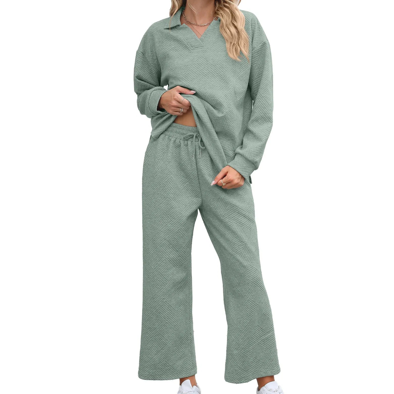 Women's solid colour knitted jacquard two-piece suit with lapel top and elastic waist cropped trousers