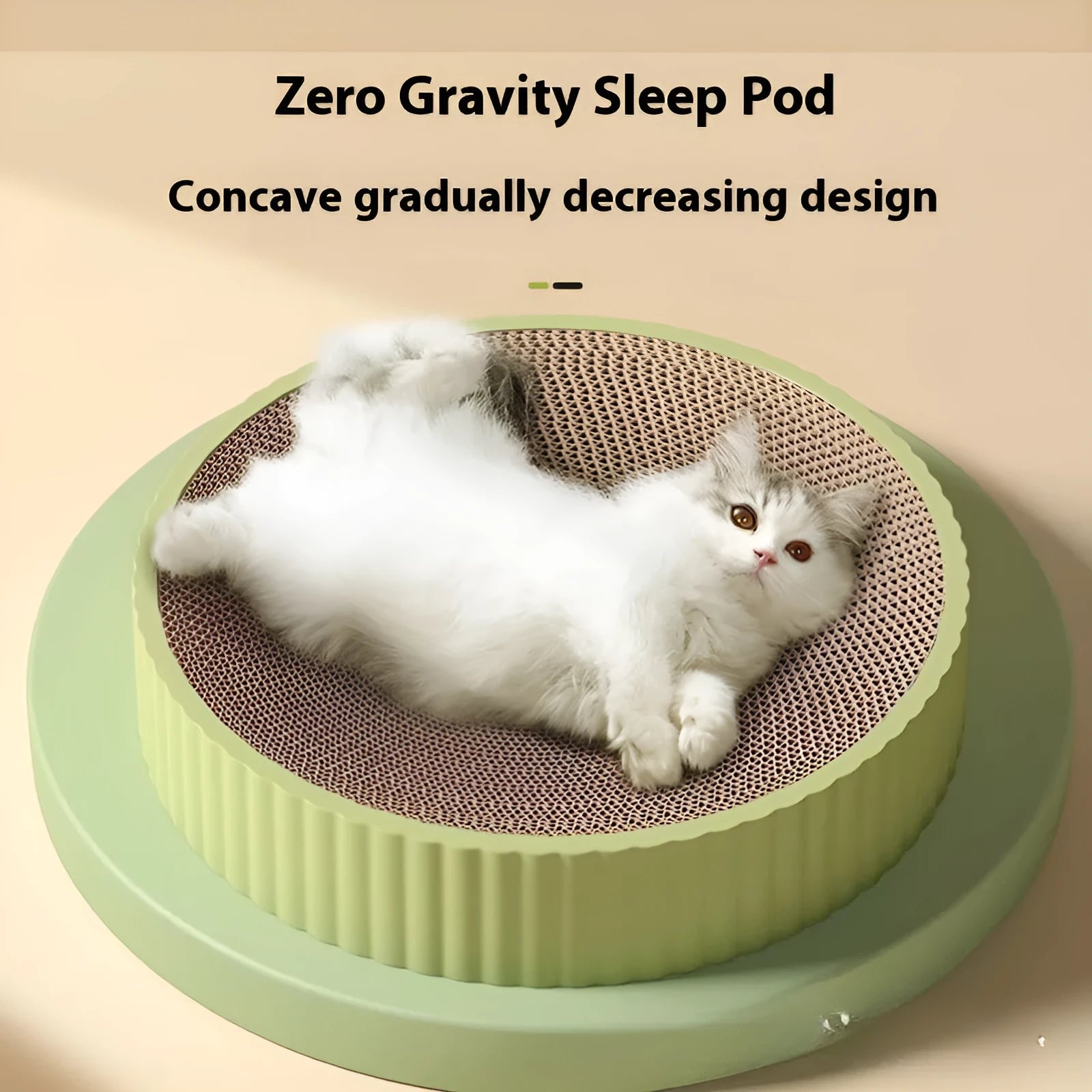 Green round cat scratching board with corrugated paper surface measuring 55 cm diameter