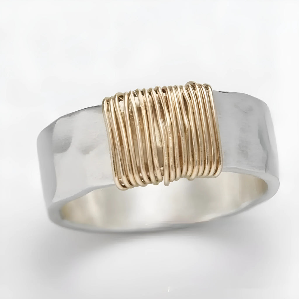 Geometric copper ring bracelet with irregular coil design in silver gold finish