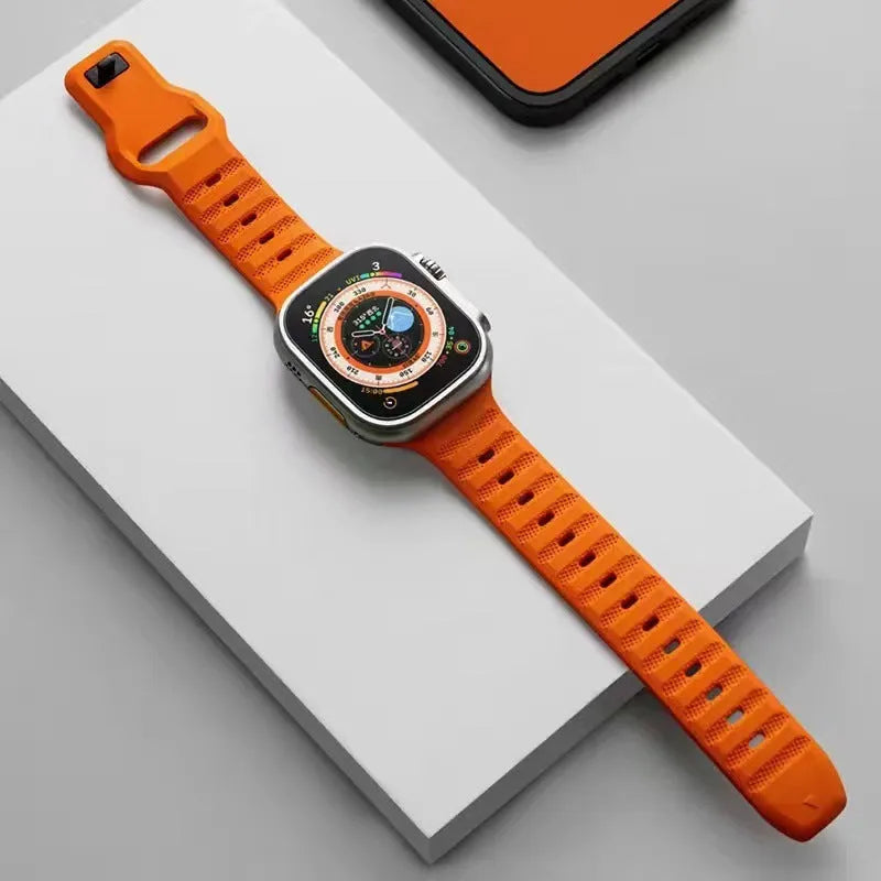 Fluoro rubber watch band with T buckle for Apple Watch, shown in multiple colours.