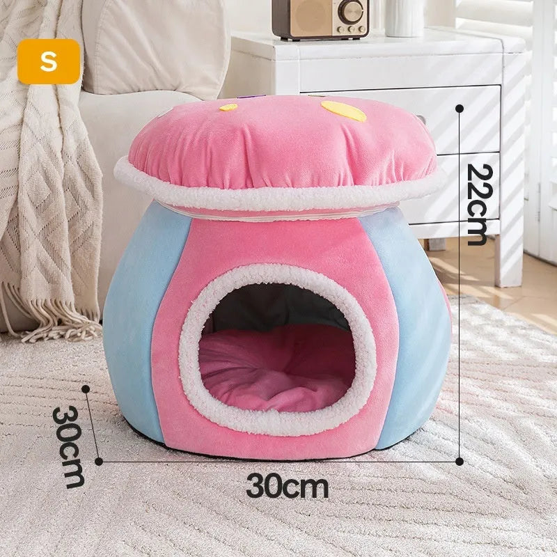 Grey plush mushroom-shaped cat nest with a detachable blanket, shown alongside pink and purple colour options.