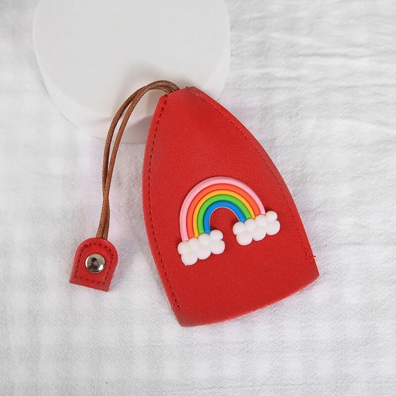 Cartoon design pull-out car key case made from soft PU leather, showing approximate size.