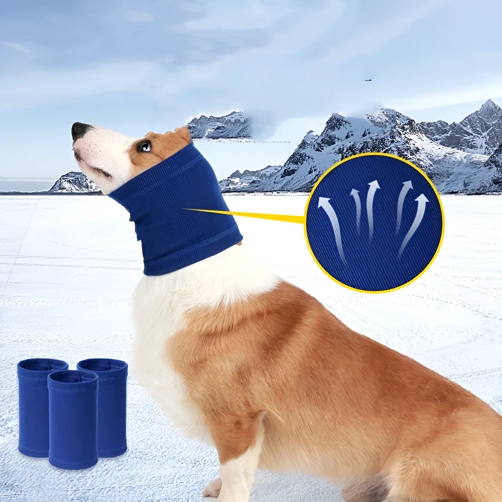 A blue or grey polyester headband scarf for dogs, shown in small, medium, and large sizes.
