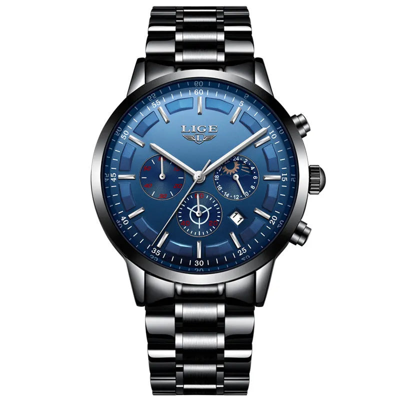 Men's waterproof quartz business sports watch showing four colour options with 12mm thickness