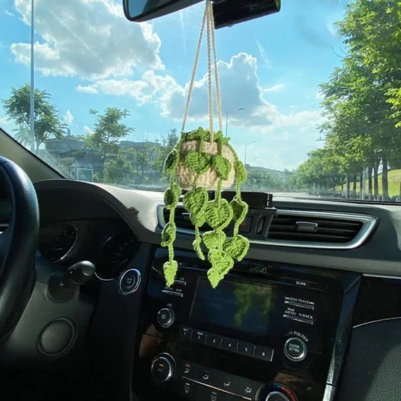 Green and white knitted car plant decoration with hanging rope on 8cm plastic base