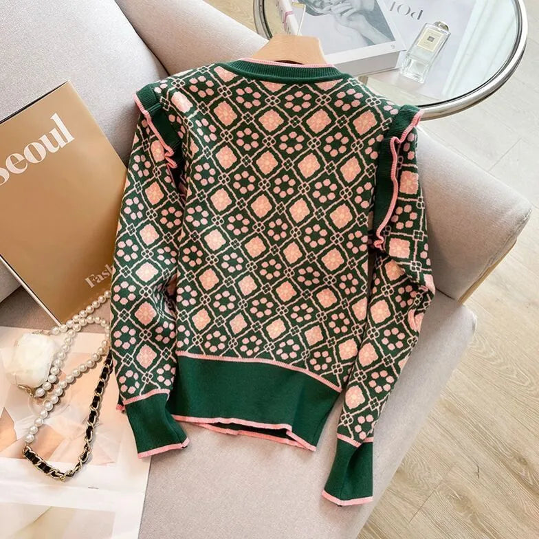 Green printed women's sweater loose fit free size regular sleeves