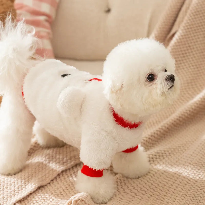 White plush bear pet jacket with 3D bear face, closed eyes, red knit trim, and metal leash ring for small dogs