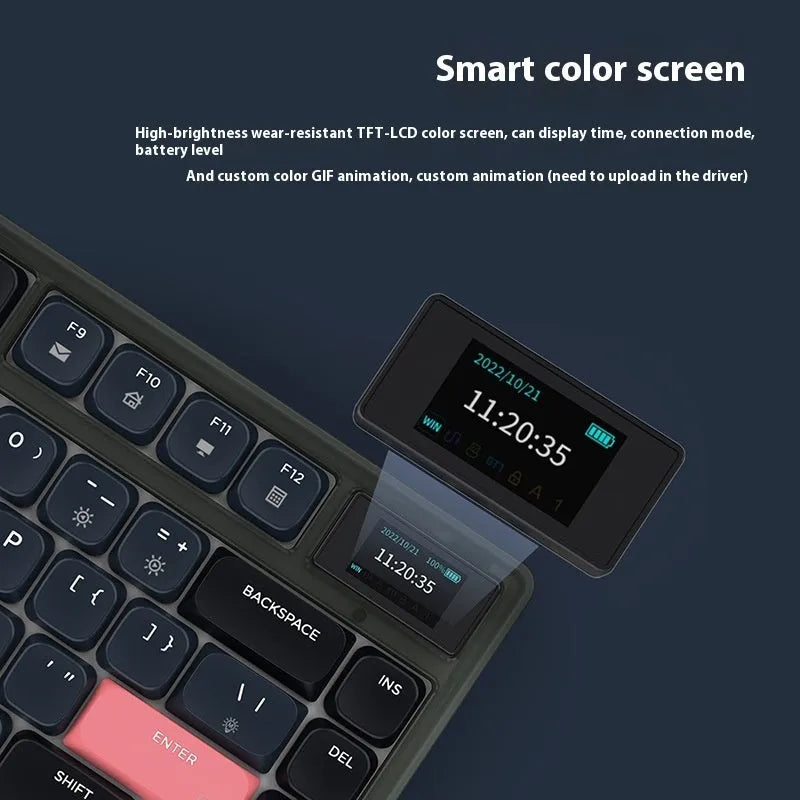 Ajazz AK832PRO mechanical keyboard with colour screen and RGB lighting on desk
