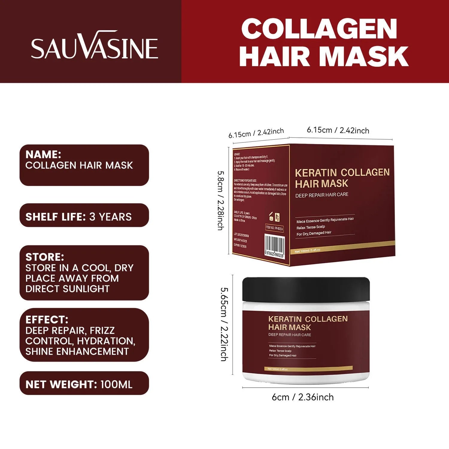 100ml tube of collagen hair mask for moisturising, repairing and strengthening hair