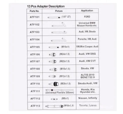 13-piece automatic transmission oil refueling kit with injector tool and wave box adapters