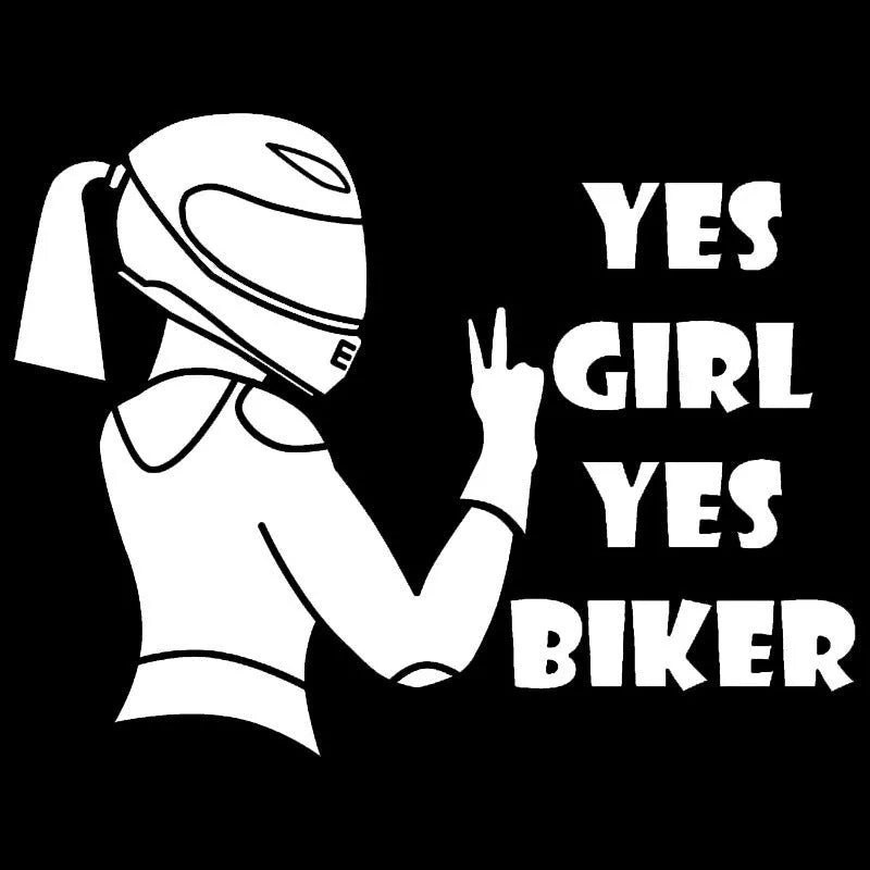 Cool Girl Rider character design car sticker in black, white, and laser colour options, 16cm by 15cm.