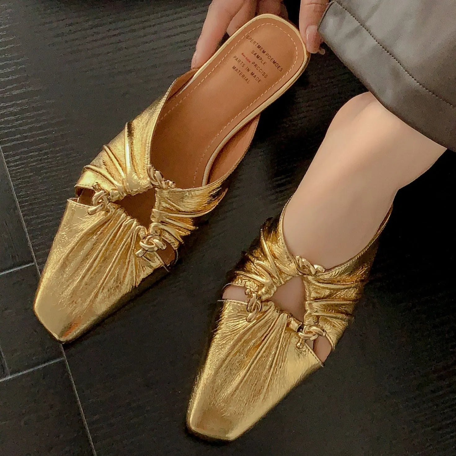 Women's genuine leather half toe cap slippers in silver with square toe and low TPR sole.