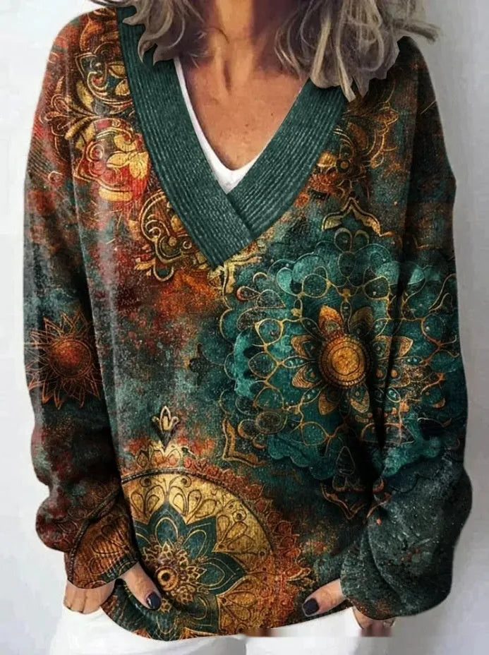 Women's V-neck long sleeve sweatshirt with a raised 3D floral pattern print in art retro style.