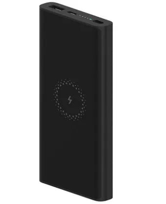 White 10000mAh power bank with USB port and wireless charging surface