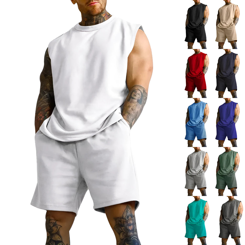 Men's sleeveless sports suit set in cotton blend fabric with matching shorts