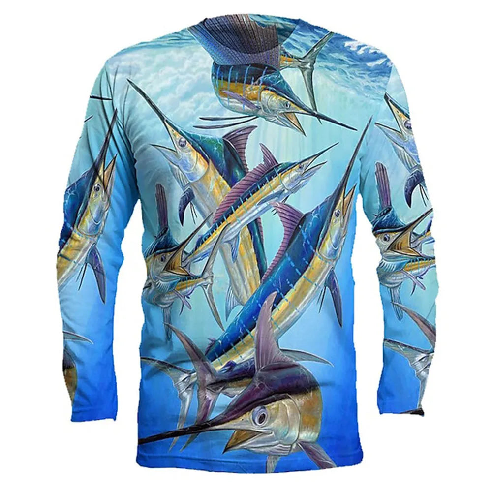 Men's grey pullover with a large printed blue fish design on the front, featuring long sleeves and a round neck.