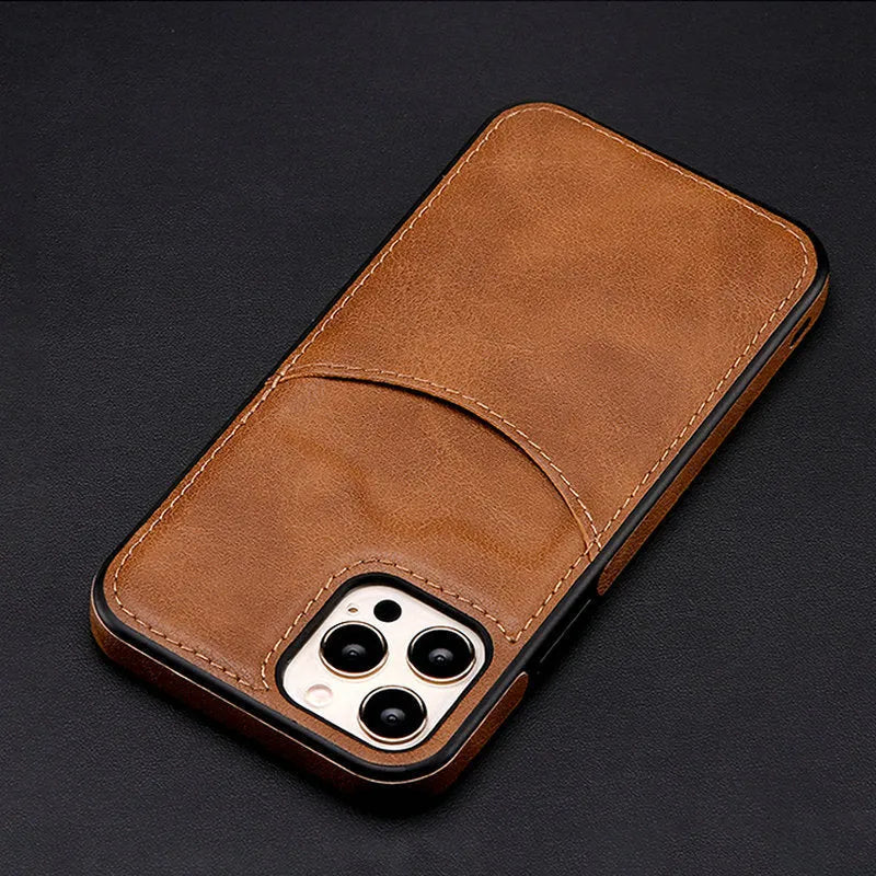Dark blue PU leather protective case for iPhone, shown from the back with a business-style texture.