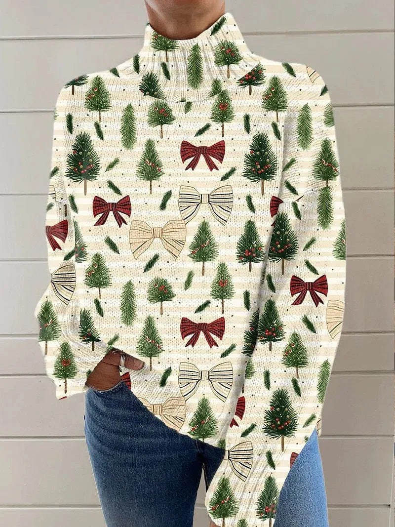 Women's Christmas pattern printed turtleneck sweater in macaron colours with long sleeves