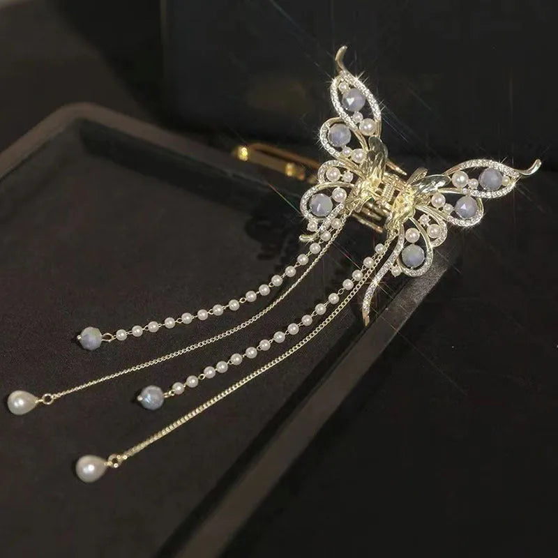 Women's alloy hair grab clip with butterfly tassel, handcrafted retro literary style, 8x8.5 cm butterfly and 15 cm tassel