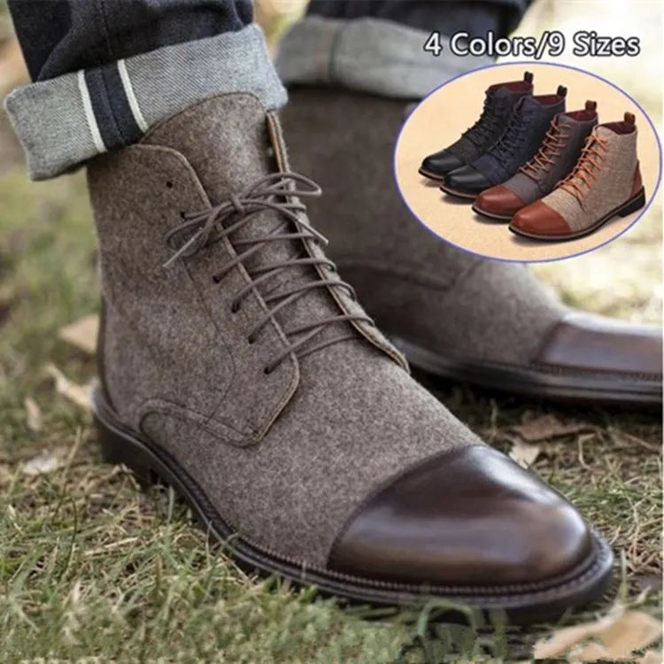 Men's leather boots with belt buckle details and rubber soles in European styling