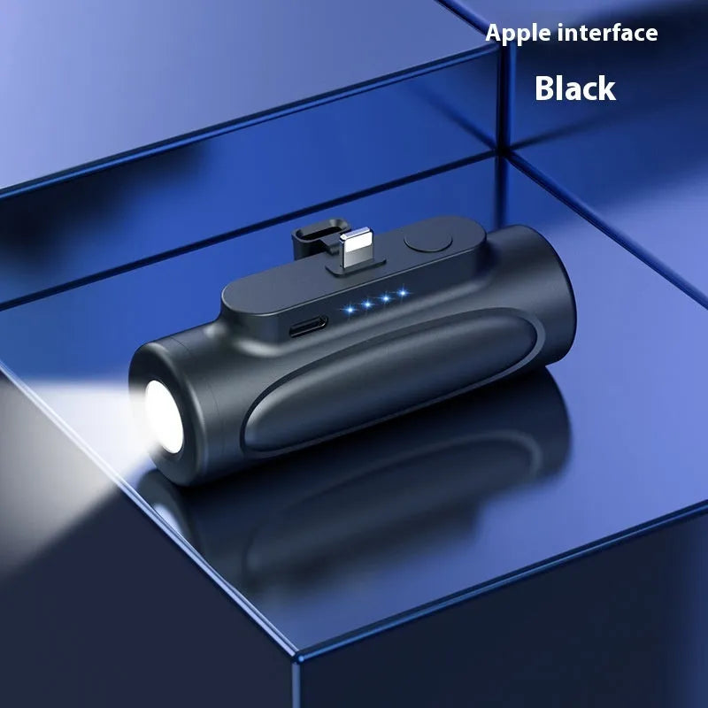 Black creative power bank with LED flashlight showing Type-C port and compact 83x27x41mm dimensions