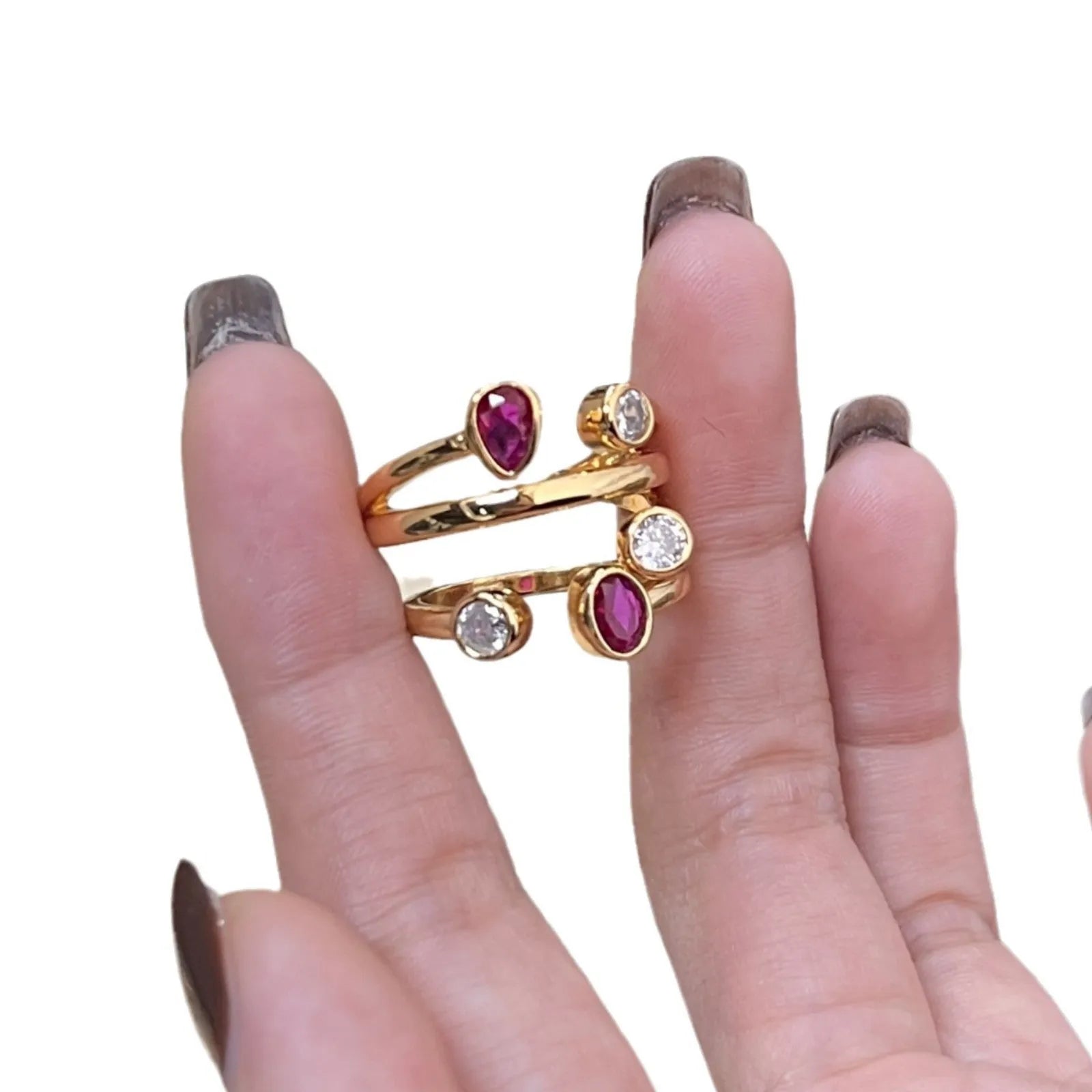 Double-headed irregular cross diamond ring in two-tone electroplated copper with retro styling