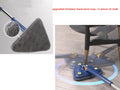 Blue triangular cleaning mop with 360-degree rotating head and adjustable stainless steel pole extended for use
