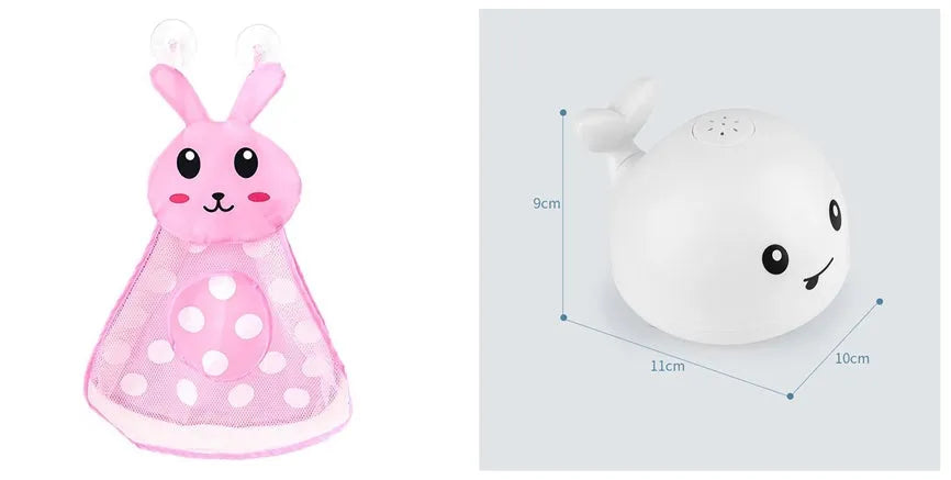Electric whale-shaped baby bath toy with water spray, LED lights, and automatic water sensor