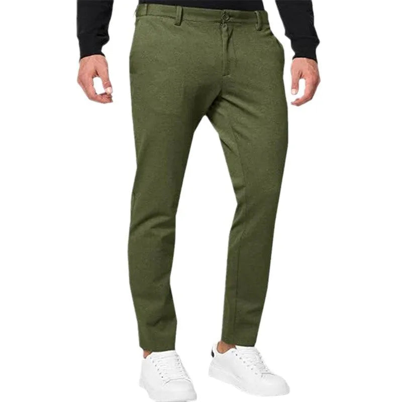 Men's slim-fit tapered chino trousers in khaki colour with stretch cotton blend fabric