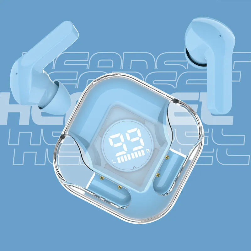 Transparent Bluetooth TWS wireless earphones showing in-ear design with noise reduction in colour options