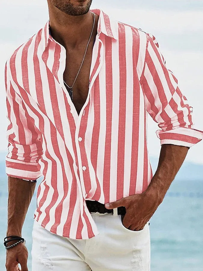 Men's yarn-dyed striped casual shirt with loose British style cardigan fit in polyester fabric