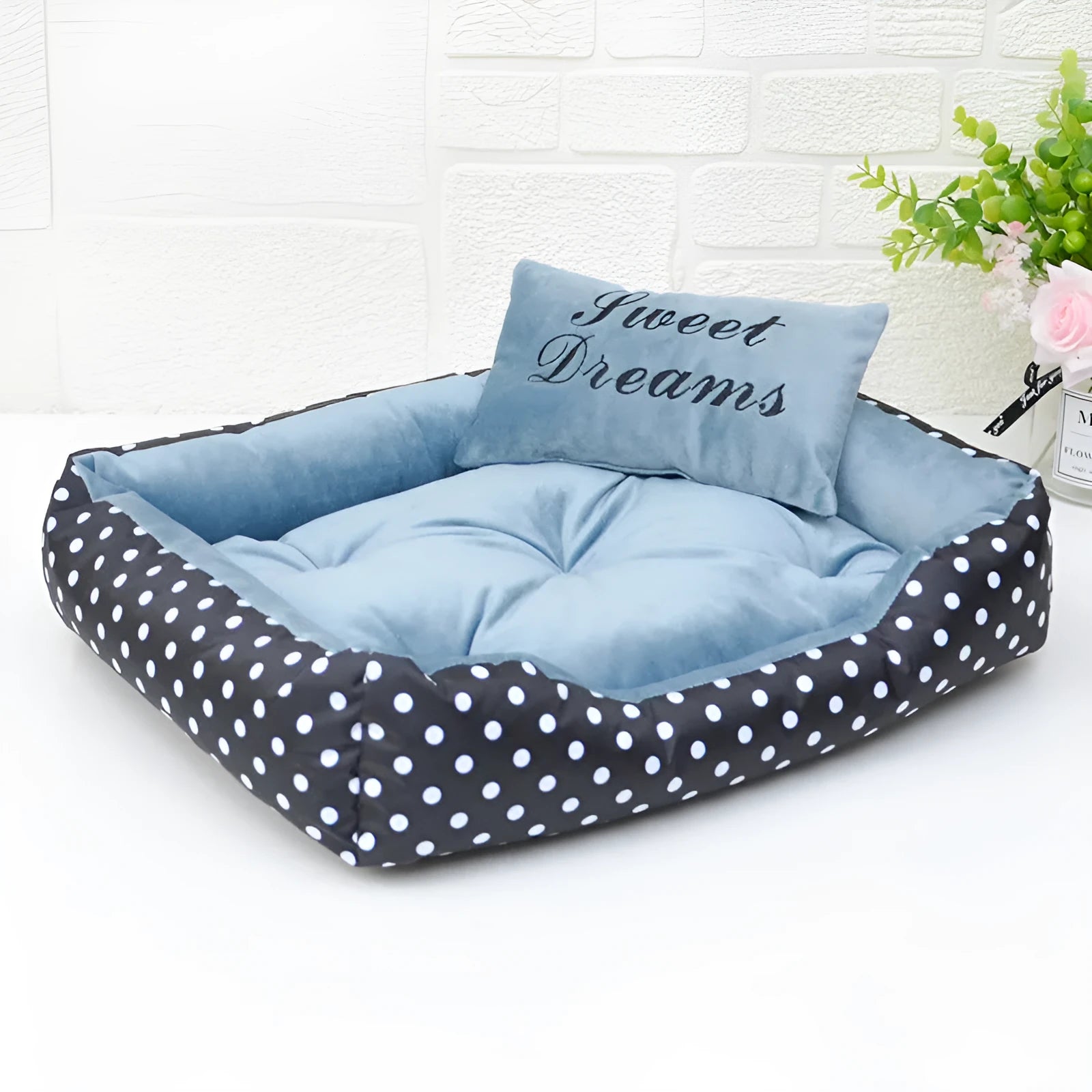 Polka dot print small dog bed with matching square embroidery pillow in grey, blue, pink, or red.