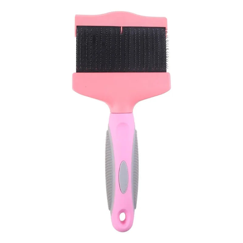 Double-sided pet grooming brush with stainless steel pins and blue ergonomic handle