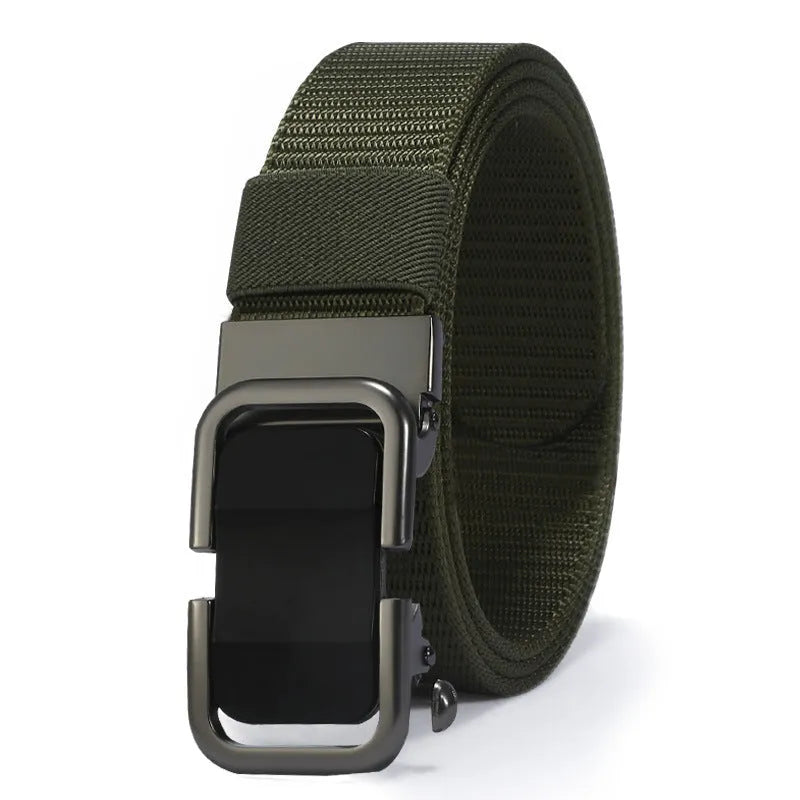 Men's nylon canvas belt with an alloy buckle shown in army green colour.