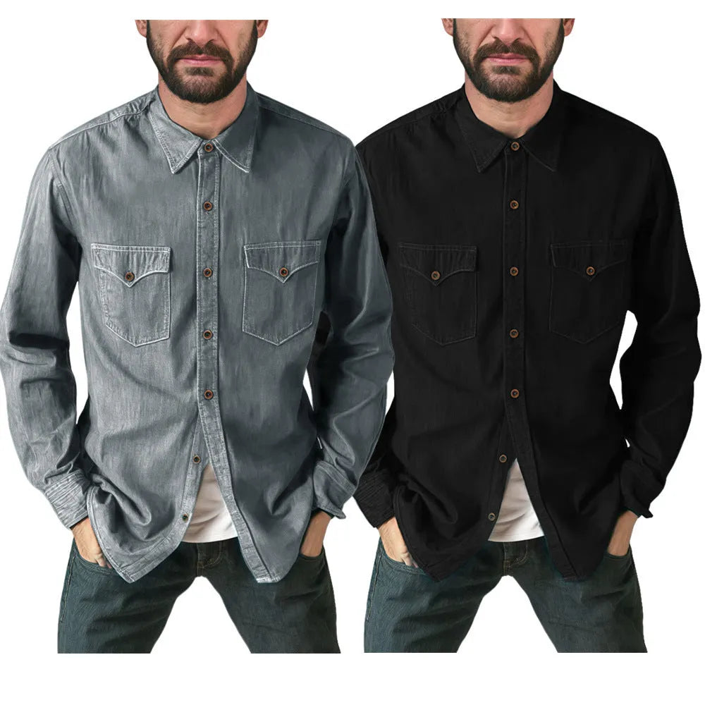 Cotton denim cardigan coat in regular fit on a hanger, shown in khaki colour with button front.