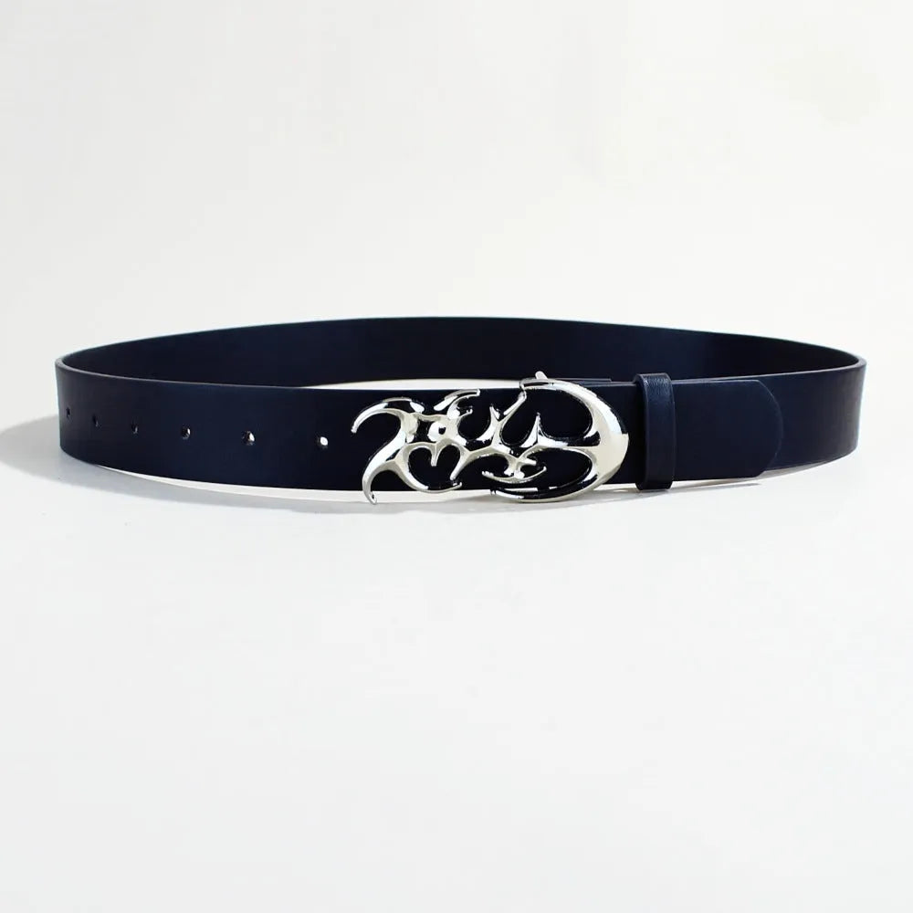 Men's casual PU leather belt with silver alloy buckle showing 3.3cm width and snap-button fastening