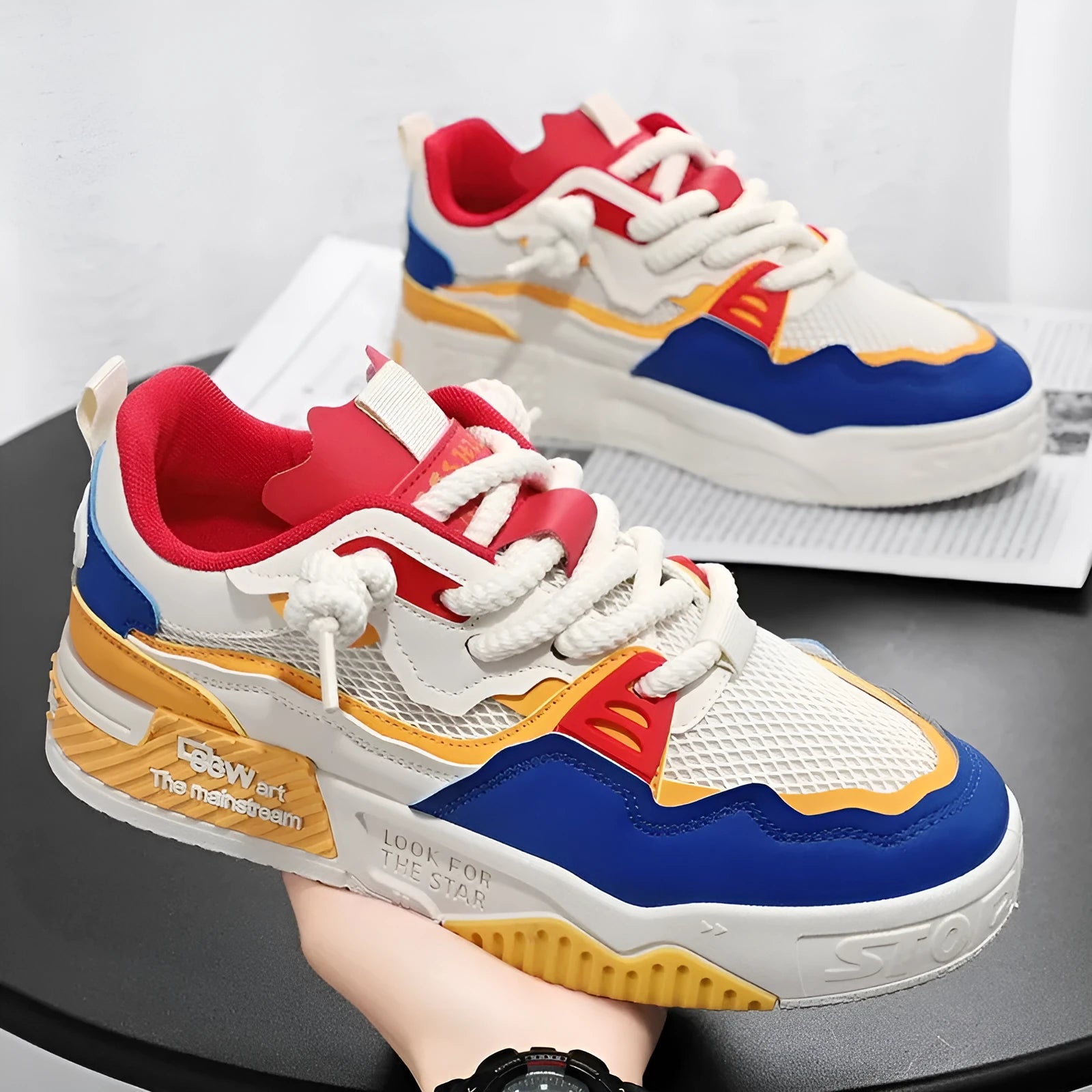 Men's board shoes with rubber soles in white and yellow, white and black, and beige colour options
