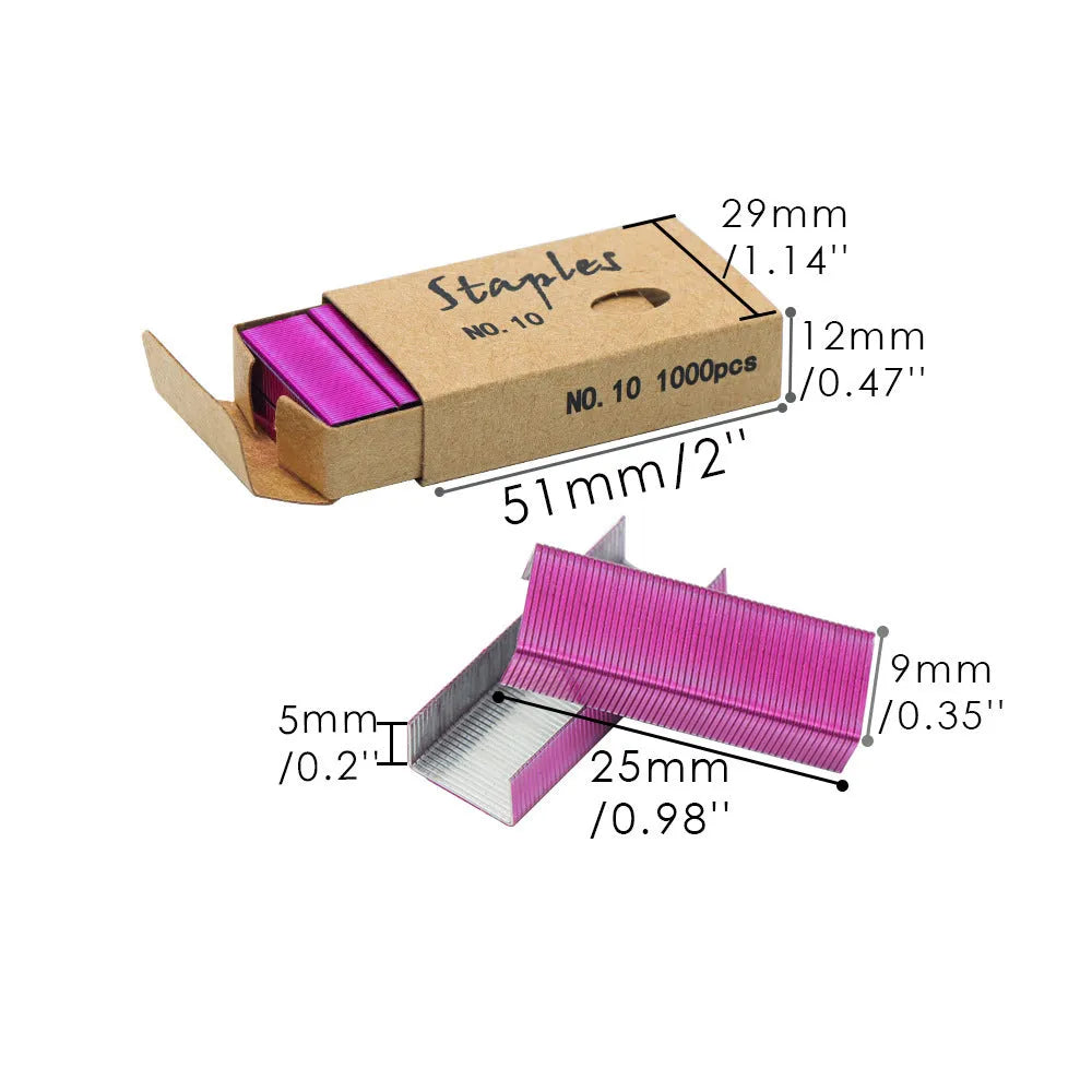Box of 1000 metal office staples in black purple rose gold and rose red colours