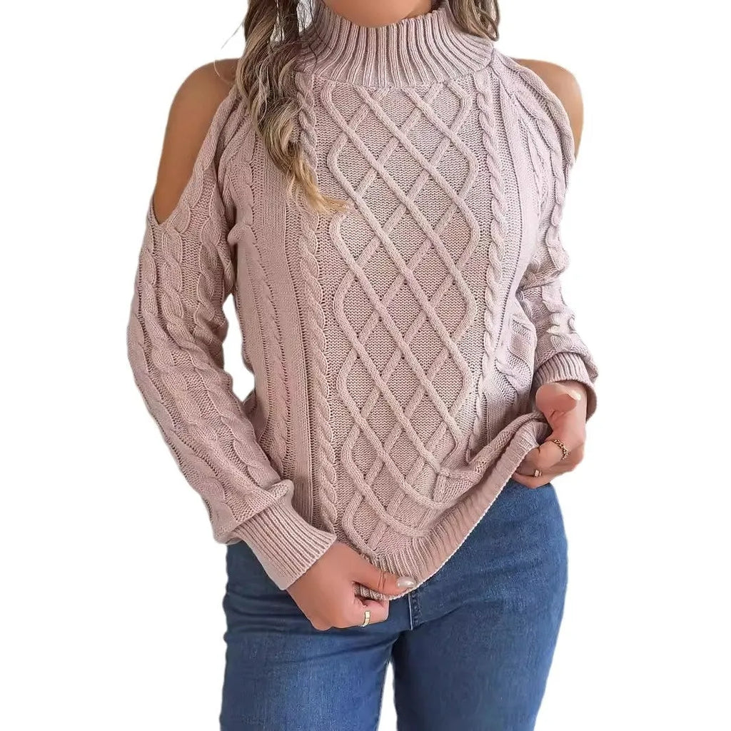 Women's twisted knit sweater with strapless half-high collar and long lantern sleeves in acrylic